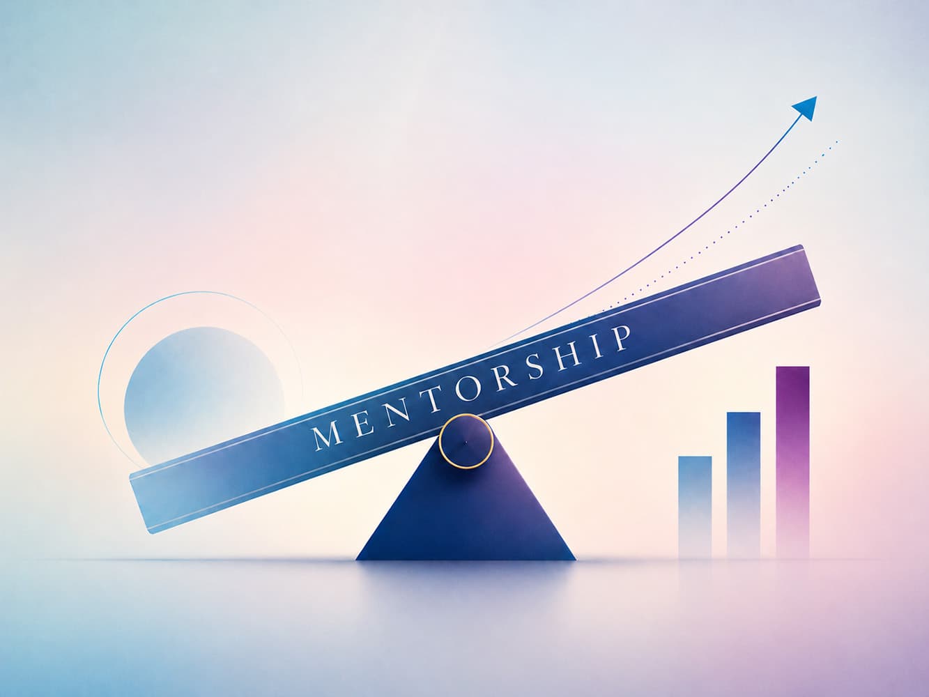 Leadership balance concept showing a tilted lever labeled LEADERSHIP and rising growth bars.