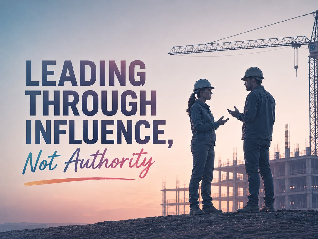 Two construction professionals in hard hats discussing work at sunset, illustrating influence-based leadership.